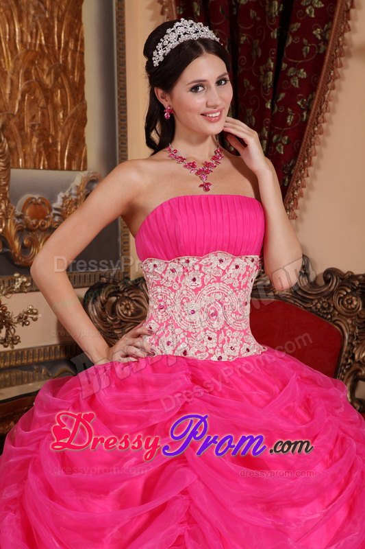 Strapless Hot Pink Ball Gown Organza Quinceanera Dress with Beading