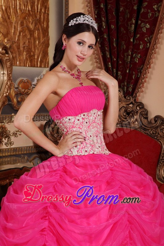 Strapless Hot Pink Ball Gown Organza Quinceanera Dress with Beading