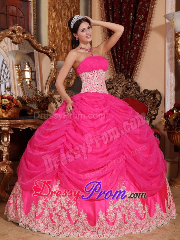 Strapless Hot Pink Ball Gown Organza Quinceanera Dress with Beading