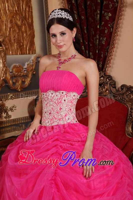 Strapless Hot Pink Ball Gown Organza Quinceanera Dress with Beading