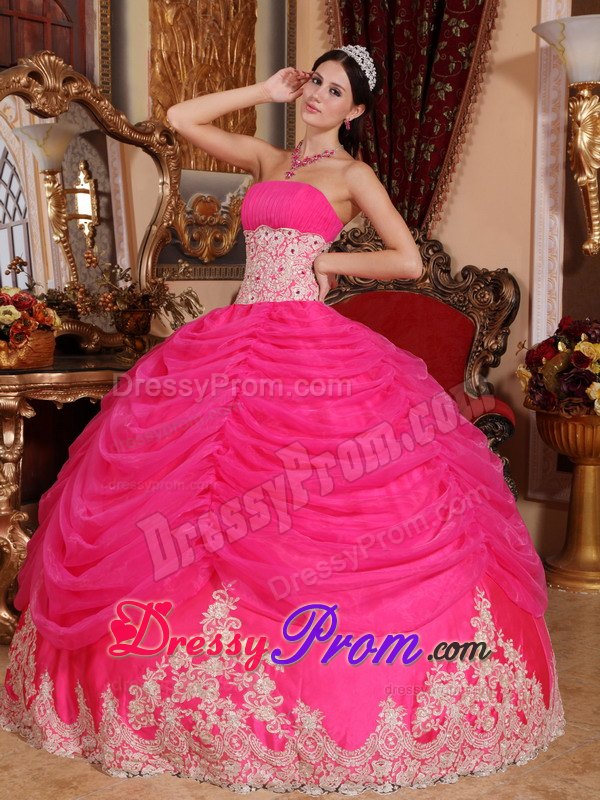 Strapless Hot Pink Ball Gown Organza Quinceanera Dress with Beading