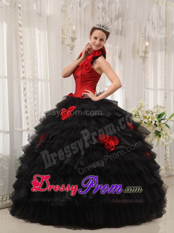 Halter Floor-length Hand Flowers Quinceanera Dress in Red and Black