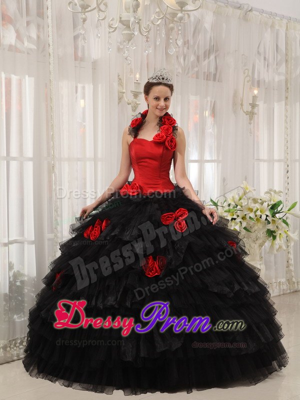 Halter Floor-length Hand Flowers Quinceanera Dress in Red and Black