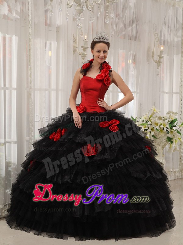 Halter Floor-length Hand Flowers Quinceanera Dress in Red and Black