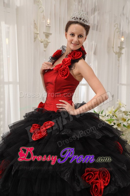 Halter Floor-length Hand Flowers Quinceanera Dress in Red and Black