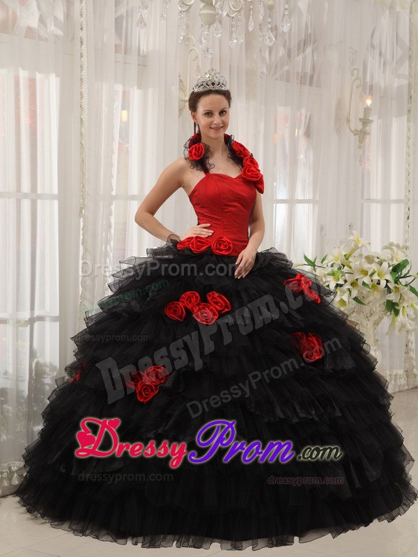 Halter Floor-length Hand Flowers Quinceanera Dress in Red and Black
