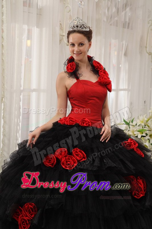 Halter Floor-length Hand Flowers Quinceanera Dress in Red and Black