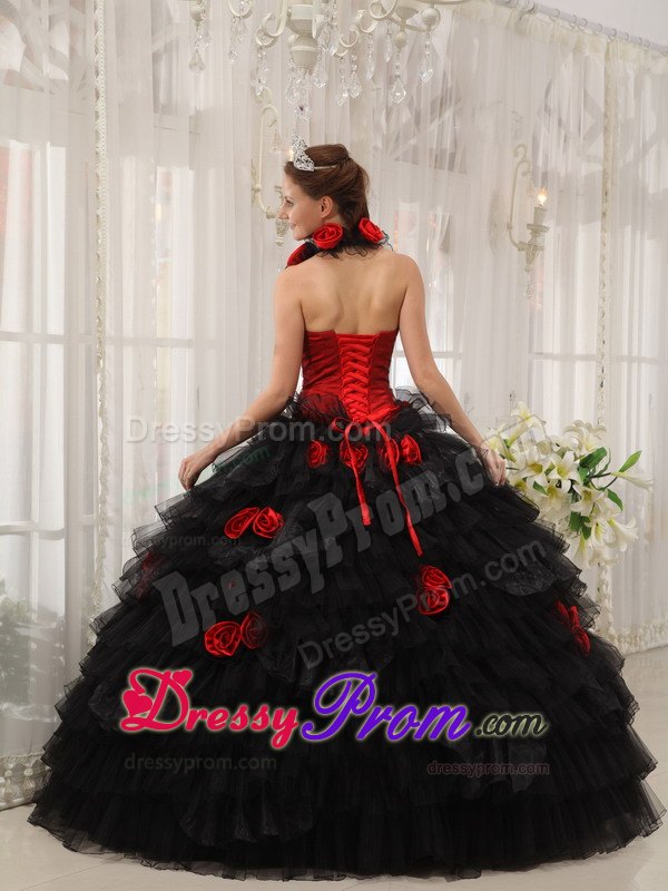 Halter Floor-length Hand Flowers Quinceanera Dress in Red and Black