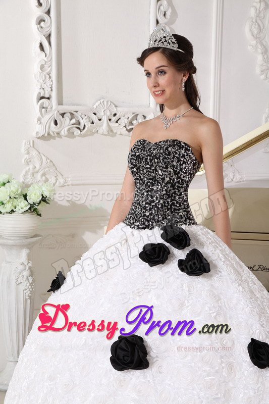 Sequins and Hand Flowers White and Black Strapless Dresses For 15