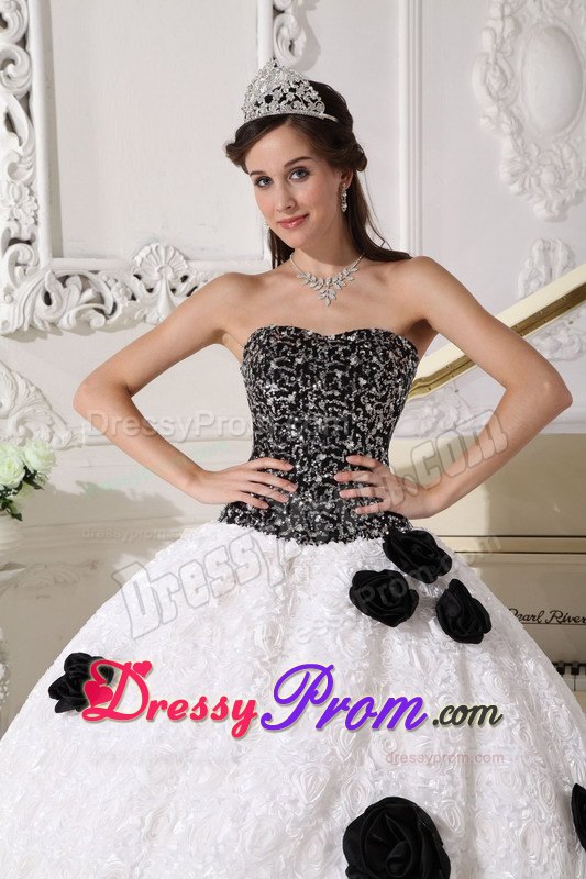 Sequins and Hand Flowers White and Black Strapless Dresses For 15