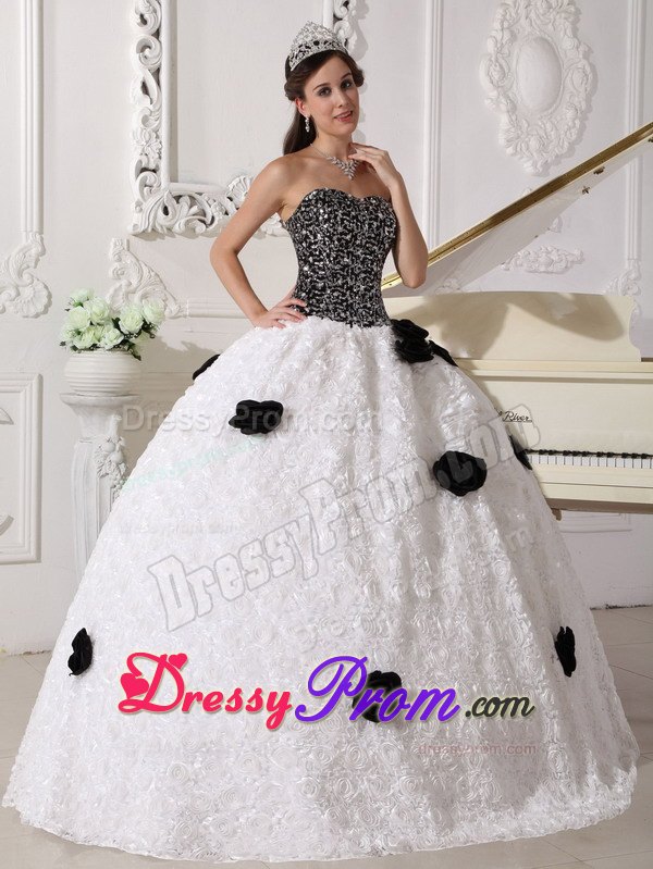Sequins and Hand Flowers White and Black Strapless Dresses For 15
