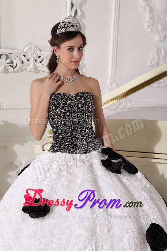 Sequins and Hand Flowers White and Black Strapless Dresses For 15
