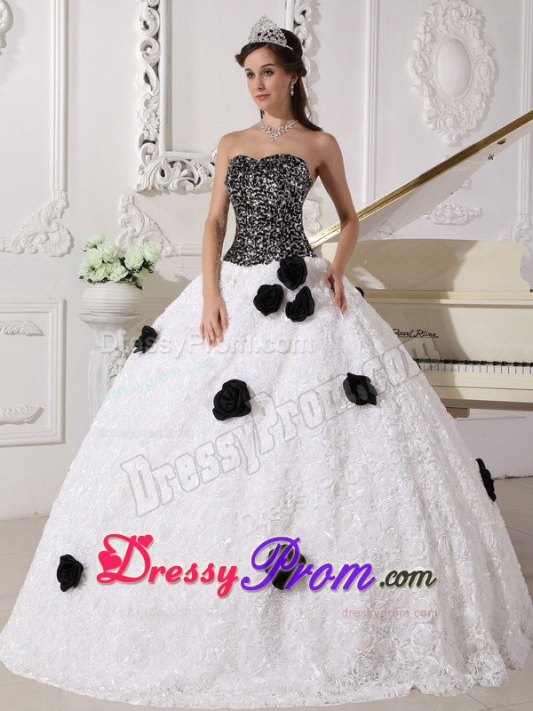 Sequins and Hand Flowers White and Black Strapless Dresses For 15