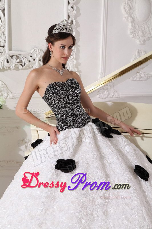 Sequins and Hand Flowers White and Black Strapless Dresses For 15