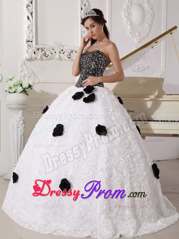 Sequins and Hand Flowers White and Black Strapless Dresses For 15