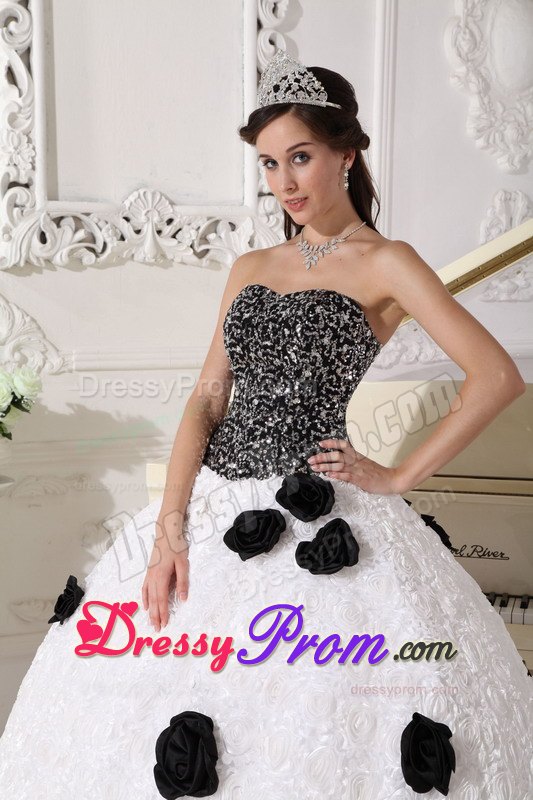 Sequins and Hand Flowers White and Black Strapless Dresses For 15