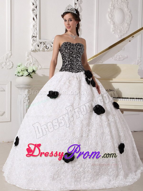 Sequins and Hand Flowers White and Black Strapless Dresses For 15