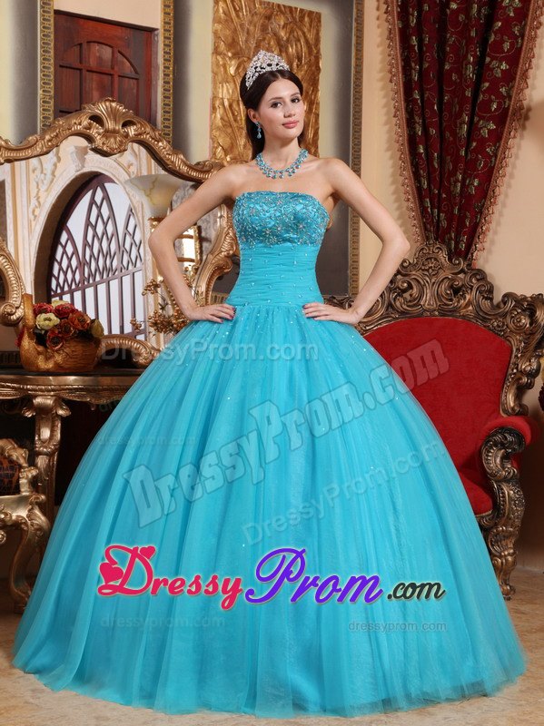 Embroidery with Beading Aqua Blue Strapless Dresses For a Quinceanera