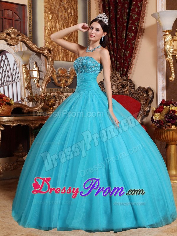 Embroidery with Beading Aqua Blue Strapless Dresses For a Quinceanera