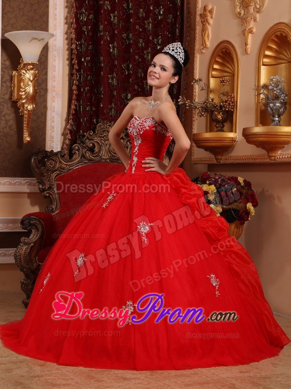 Appliques Sweetheart Floor-length Red Ball Gown Organza Sweet 16 Dresses