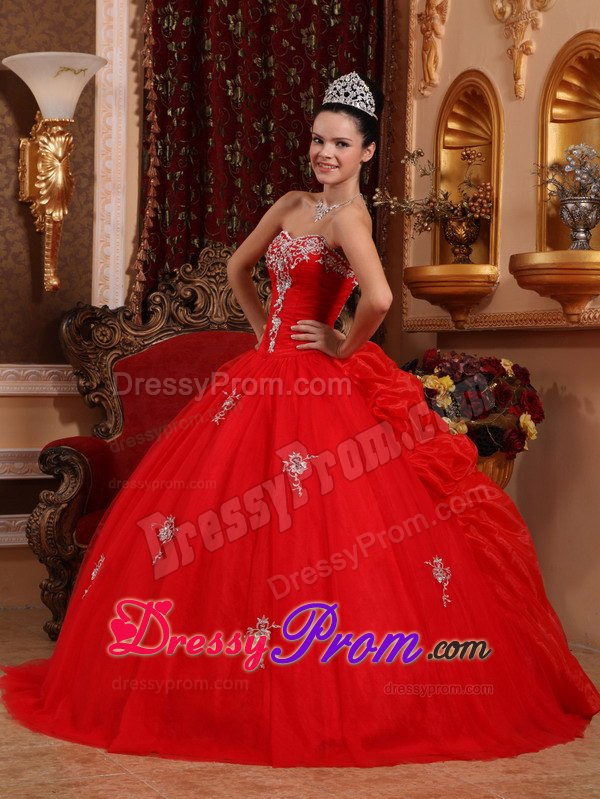 Appliques Sweetheart Floor-length Red Ball Gown Organza Sweet 16 Dresses