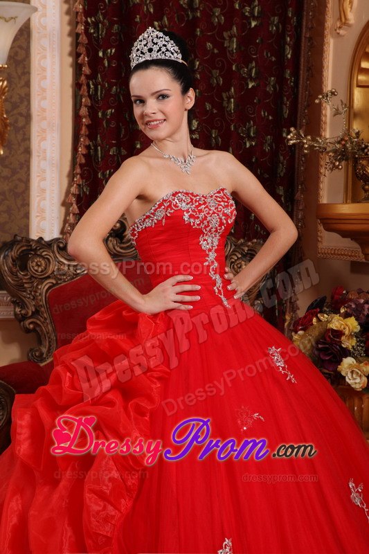 Appliques Sweetheart Floor-length Red Ball Gown Organza Sweet 16 Dresses