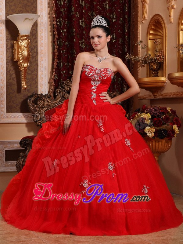 Appliques Sweetheart Floor-length Red Ball Gown Organza Sweet 16 Dresses