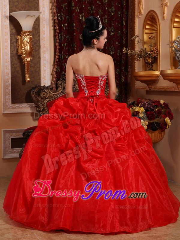 Appliques Sweetheart Floor-length Red Ball Gown Organza Sweet 16 Dresses