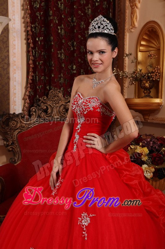 Appliques Sweetheart Floor-length Red Ball Gown Organza Sweet 16 Dresses
