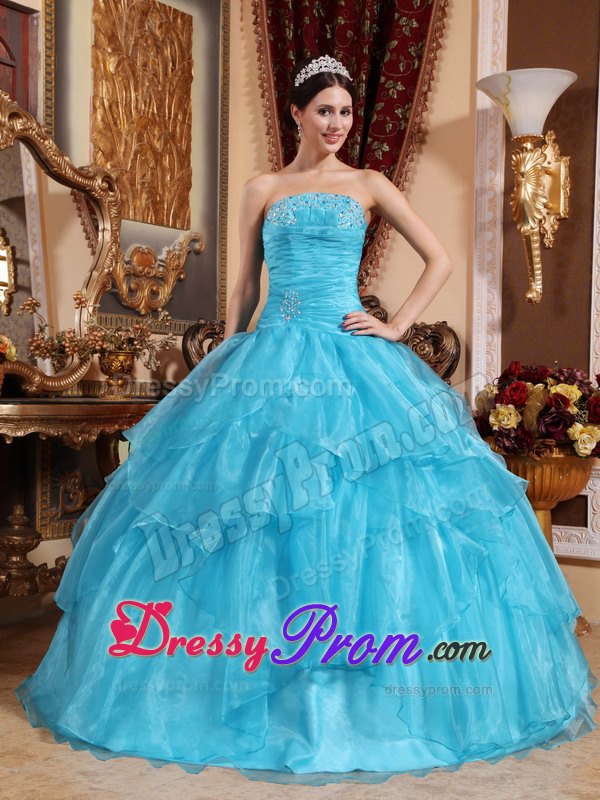 Strapless Organza Beading Sweet Sixteen Quinceanera Dresses in Aqua Blue