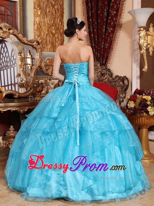 Strapless Organza Beading Sweet Sixteen Quinceanera Dresses in Aqua Blue