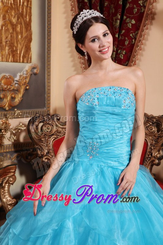 Strapless Organza Beading Sweet Sixteen Quinceanera Dresses in Aqua Blue