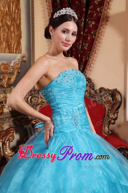 Strapless Organza Beading Sweet Sixteen Quinceanera Dresses in Aqua Blue