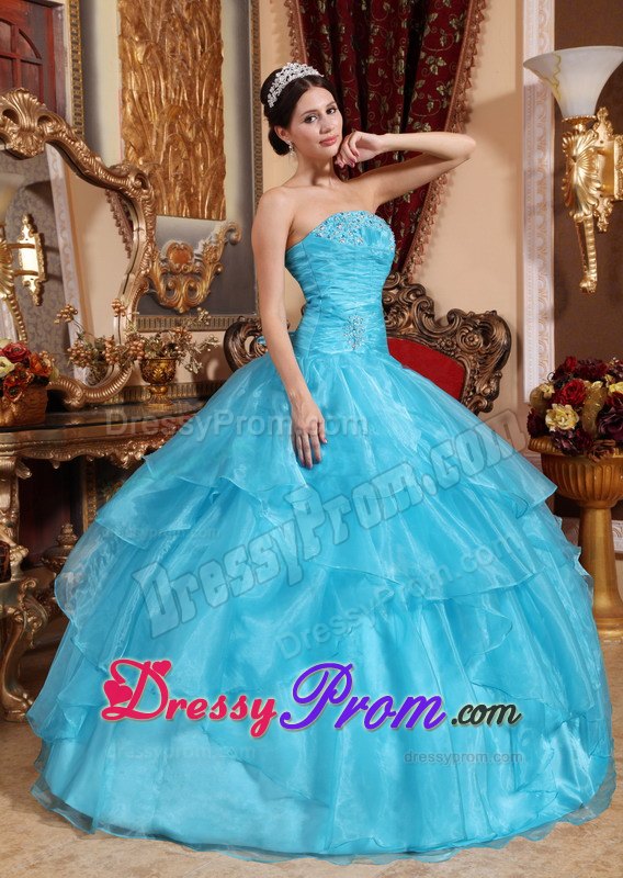 Strapless Organza Beading Sweet Sixteen Quinceanera Dresses in Aqua Blue