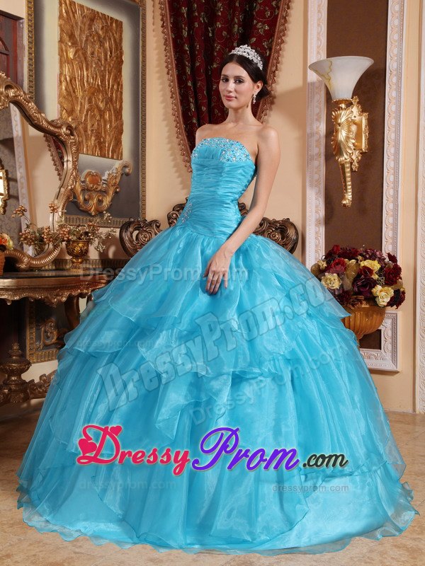 Strapless Organza Beading Sweet Sixteen Quinceanera Dresses in Aqua Blue