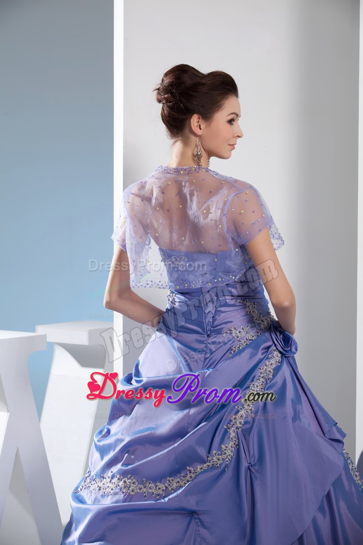 Ruching Pick-ups Appliques Strapless Quinceanera Dress in Purple