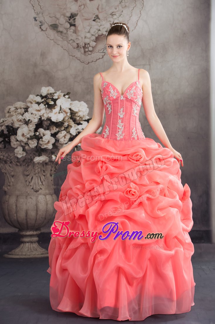Spaghetti Straps Watermelon Quinceanera Dress with Appliques and Pick-ups