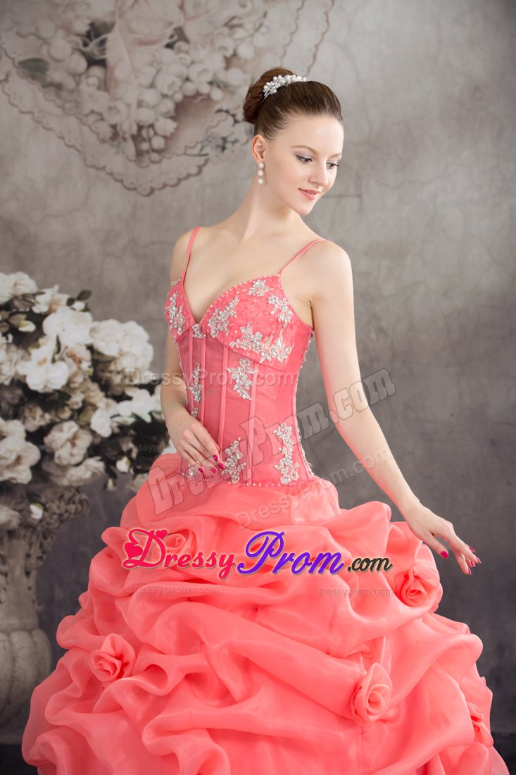 Spaghetti Straps Watermelon Quinceanera Dress with Appliques and Pick-ups