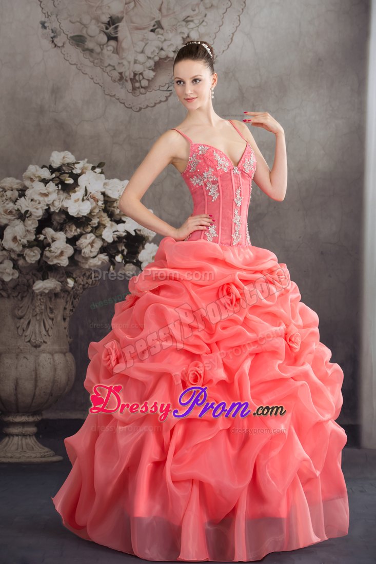 Spaghetti Straps Watermelon Quinceanera Dress with Appliques and Pick-ups