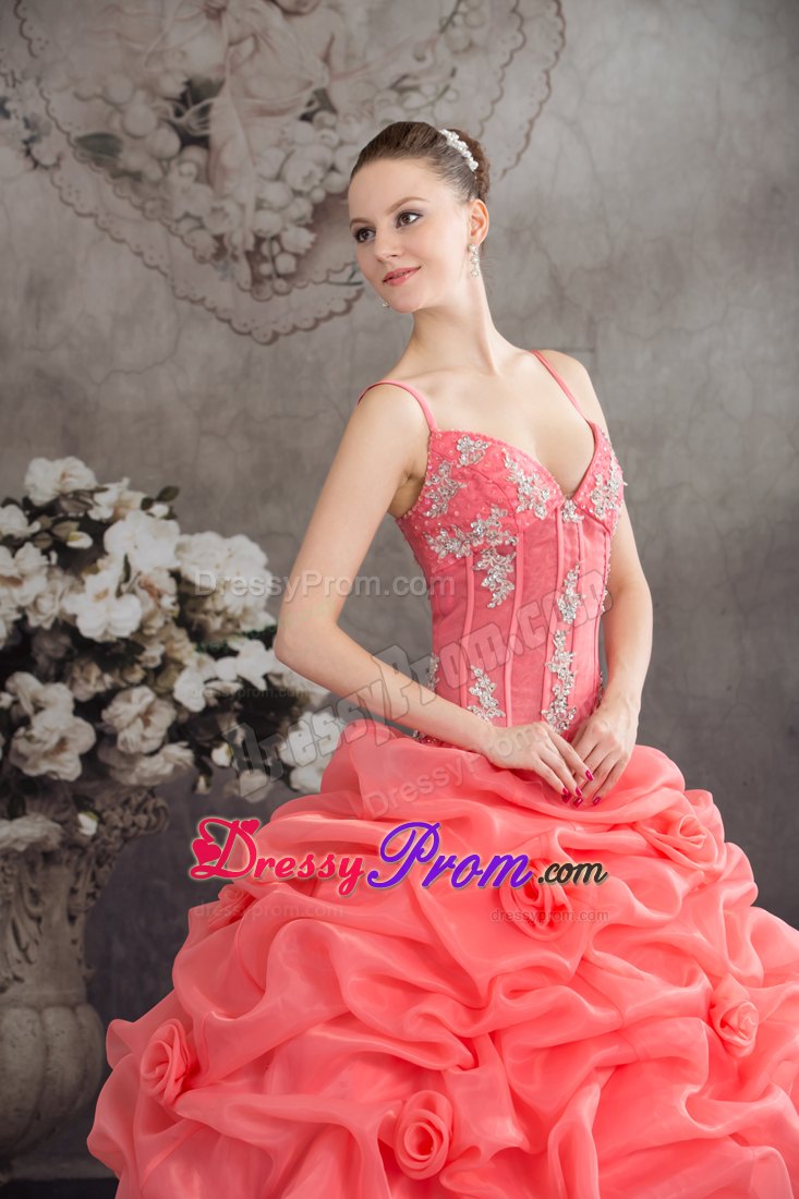 Spaghetti Straps Watermelon Quinceanera Dress with Appliques and Pick-ups
