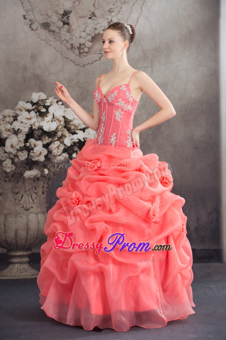 Spaghetti Straps Watermelon Quinceanera Dress with Appliques and Pick-ups