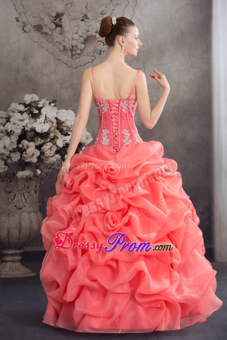 Spaghetti Straps Watermelon Quinceanera Dress with Appliques and Pick-ups