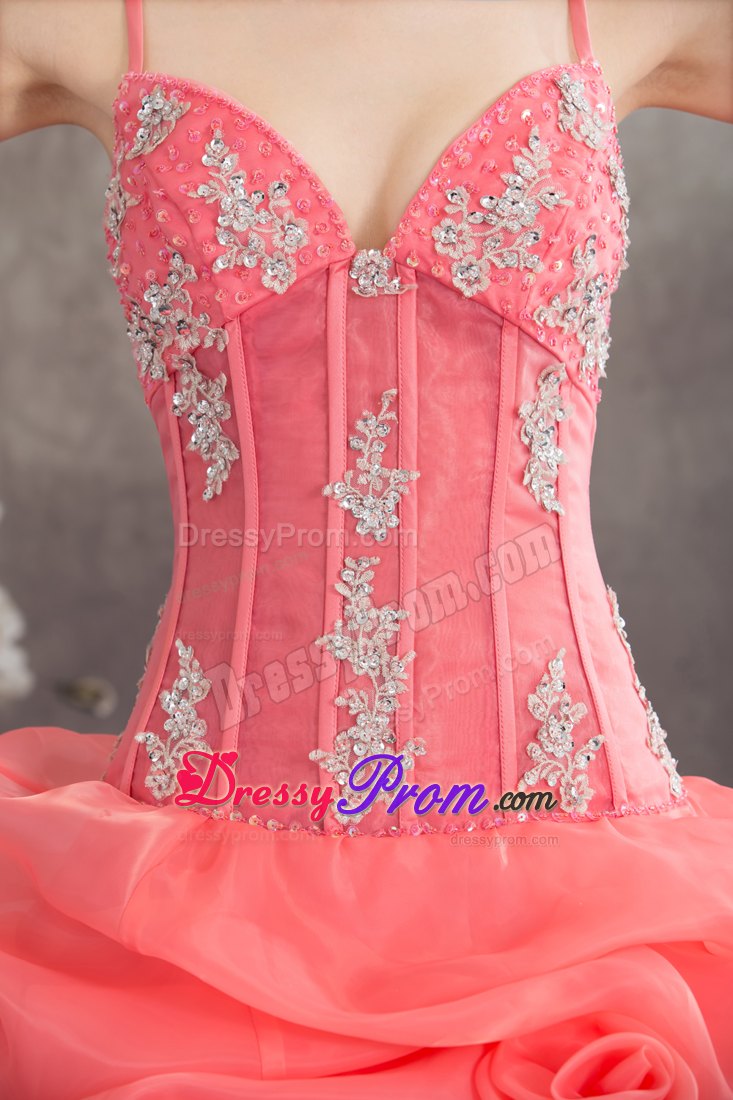 Spaghetti Straps Watermelon Quinceanera Dress with Appliques and Pick-ups