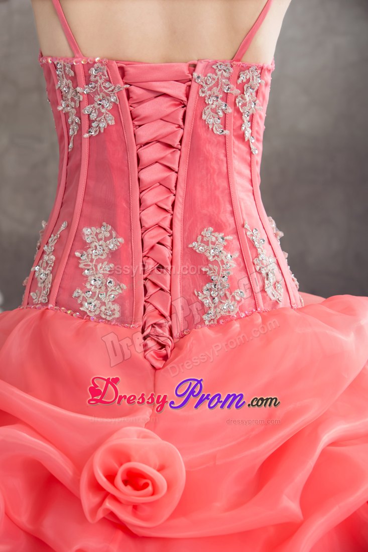 Spaghetti Straps Watermelon Quinceanera Dress with Appliques and Pick-ups