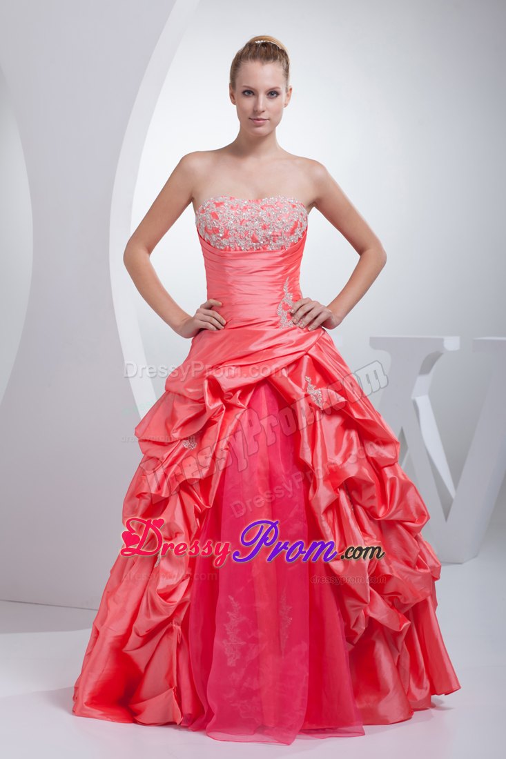 Watermelon Red A-line Quinceanera Dress with Pick-ups and Appliques