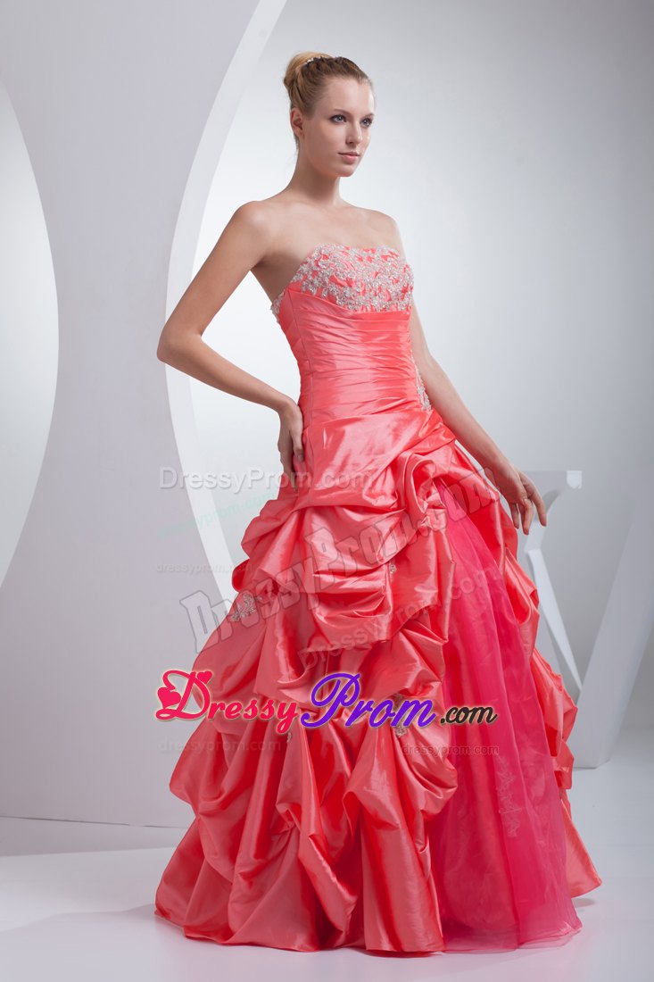 Watermelon Red A-line Quinceanera Dress with Pick-ups and Appliques