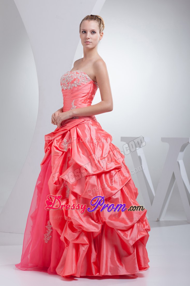Watermelon Red A-line Quinceanera Dress with Pick-ups and Appliques