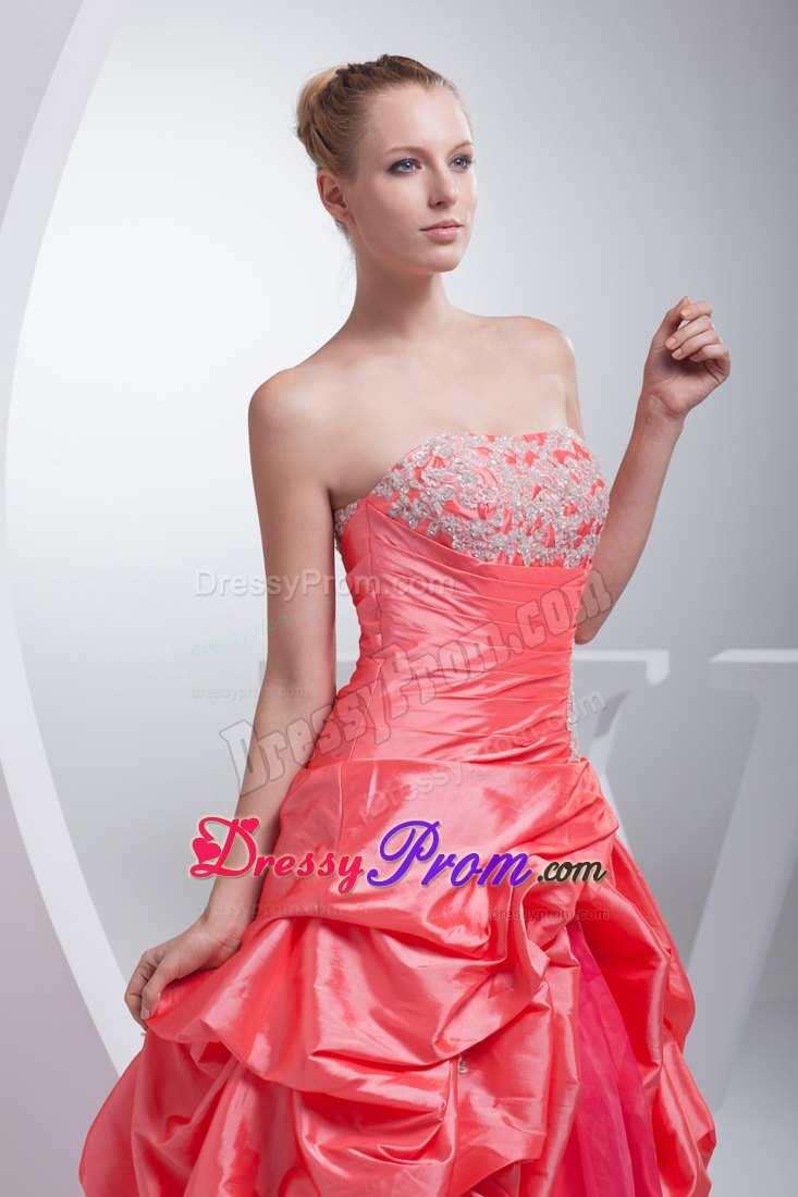 Watermelon Red A-line Quinceanera Dress with Pick-ups and Appliques