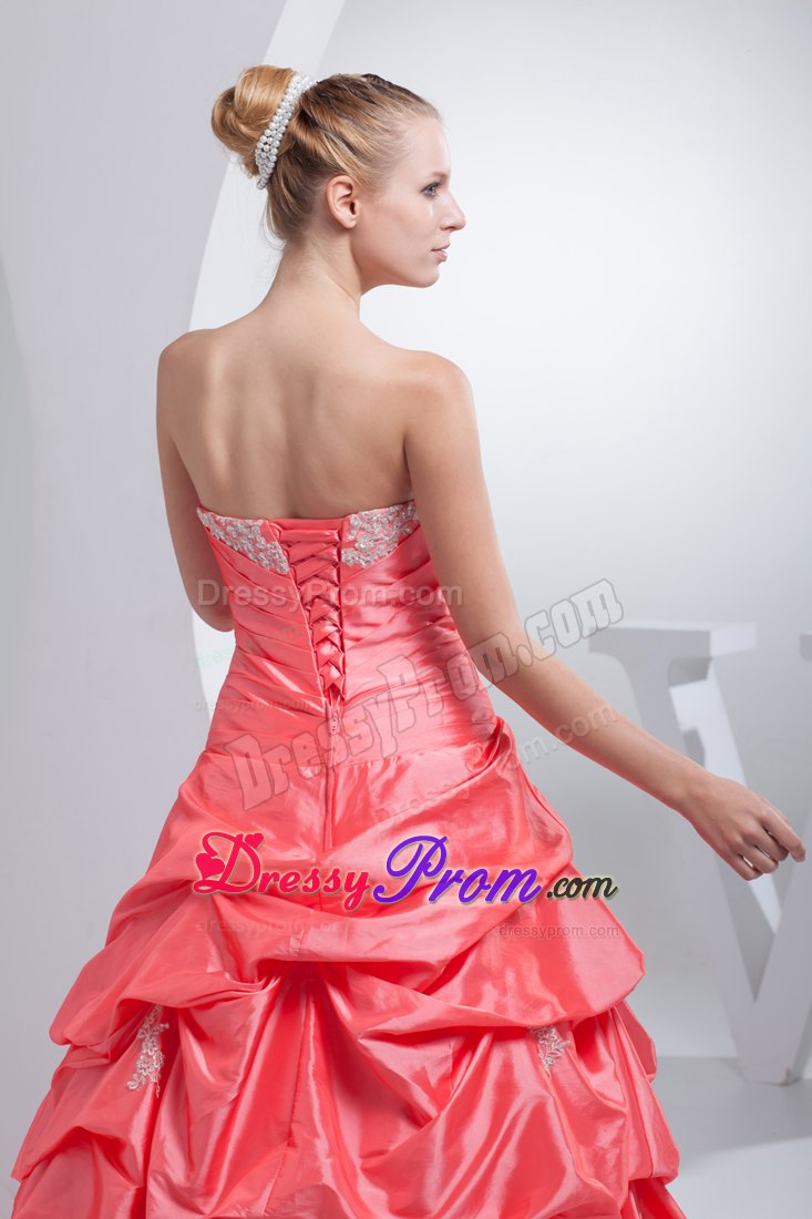 Watermelon Red A-line Quinceanera Dress with Pick-ups and Appliques