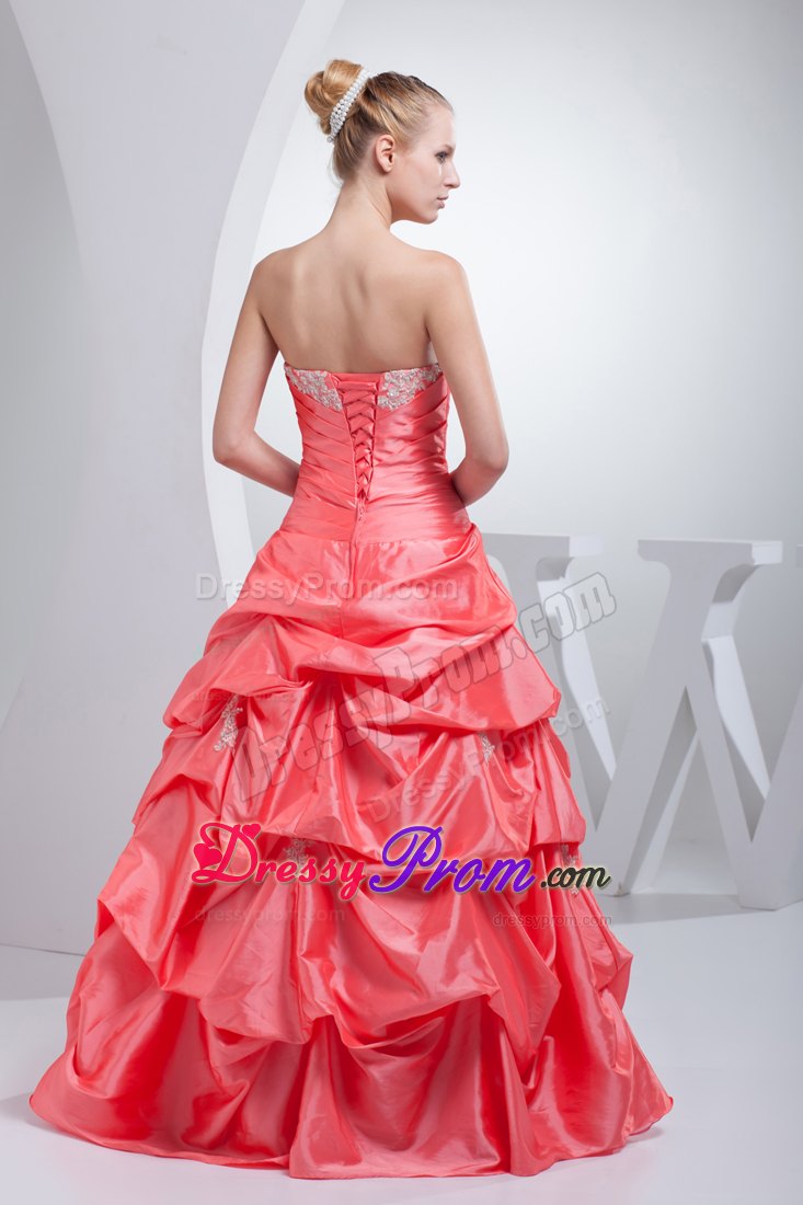 Watermelon Red A-line Quinceanera Dress with Pick-ups and Appliques